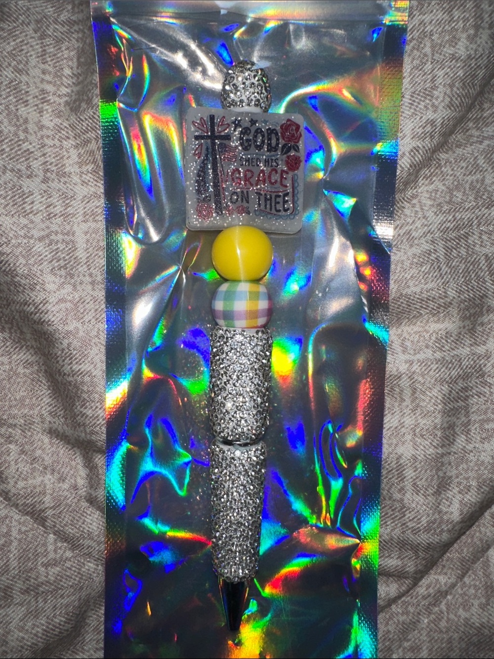 Silver Rhinestone Beaded Pen with Yellow and Pastel Plaid Accents